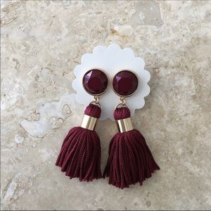 Burgundy Stud Small Tassel Earrings
